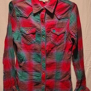 Tin Haul Western Wear Women's Red, Purple & Teal Plaid Flannel Shirt Size Medium